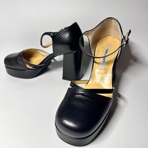 Black Leather Platform Mary Jane Pumps Chunky Block 3.5” Heel 24.5 cm /US 7- 7.5